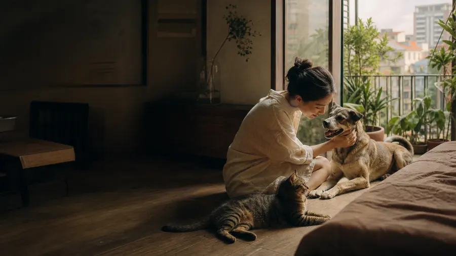 A woman sitting with her dog in a sunlit apartment